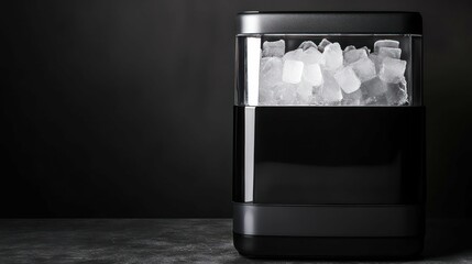 A sleek black ice maker filled with ice against a dark background.