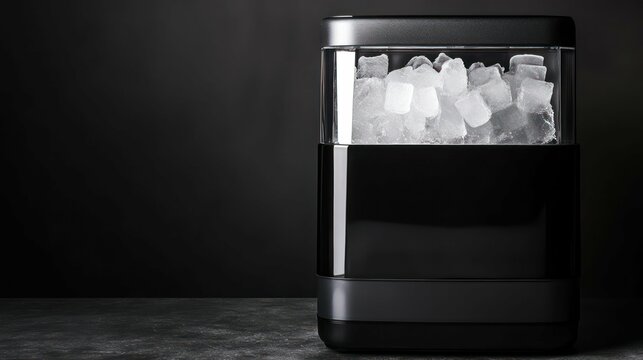 A sleek black ice maker filled with ice against a dark background.