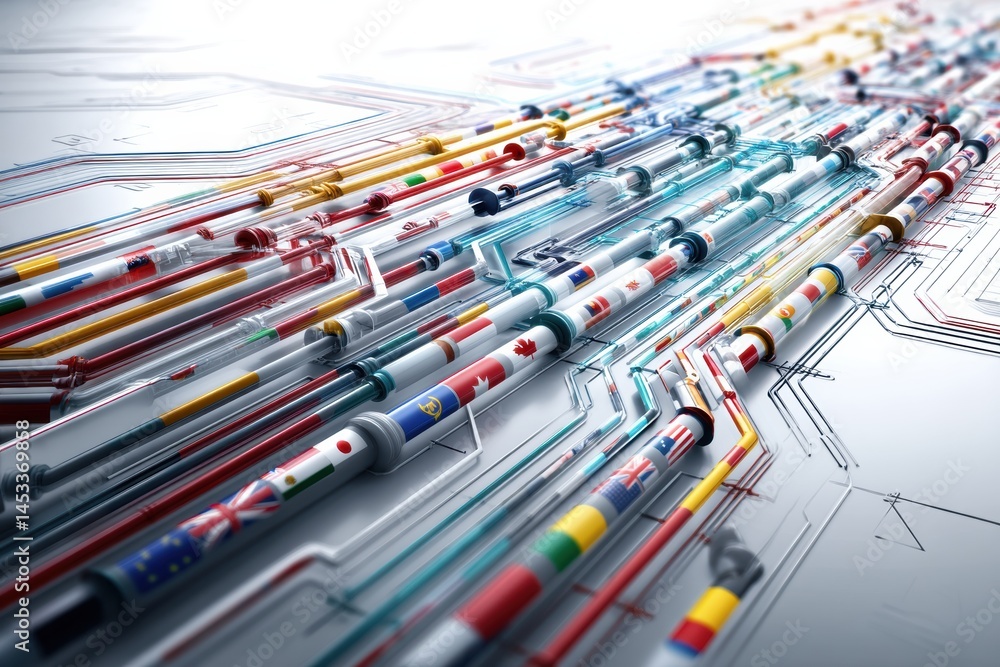 Poster Global Data Pipeline Flows Through Connections Marked by Various Political Flags Representing Interconnected Nations Generative AI