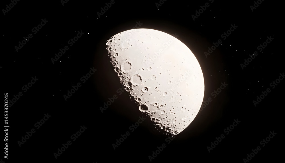 Poster a close-up view of a cratered celestial body partially illuminated set against a dark starry backdro