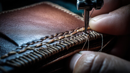 Closeup of hand stitching leather wallet, showcasing artisan craftsmanship and detailed needlework