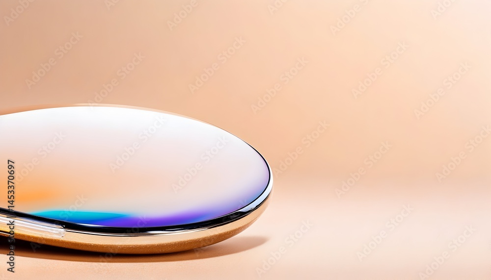 Poster a metallic rounded object with an iridescent pale center it rests on a pale peach background