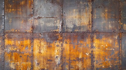 Rusty metal panel texture with rivets, weathered and corroded steel su
