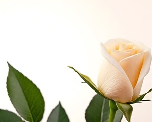 A single, cream-colored rosebud, partially open, with vibrant green leaves against a bright white background