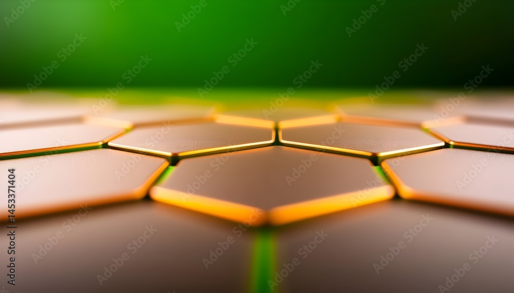 Poster abstract close-up of a metallic honeycomb pattern with a subtle green background. the hexagons are b
