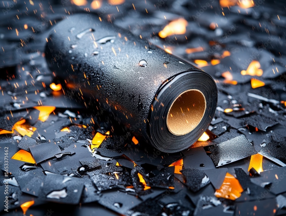 Poster explosive action unleashed black material roll on fiery workshop floor industrial environment close-