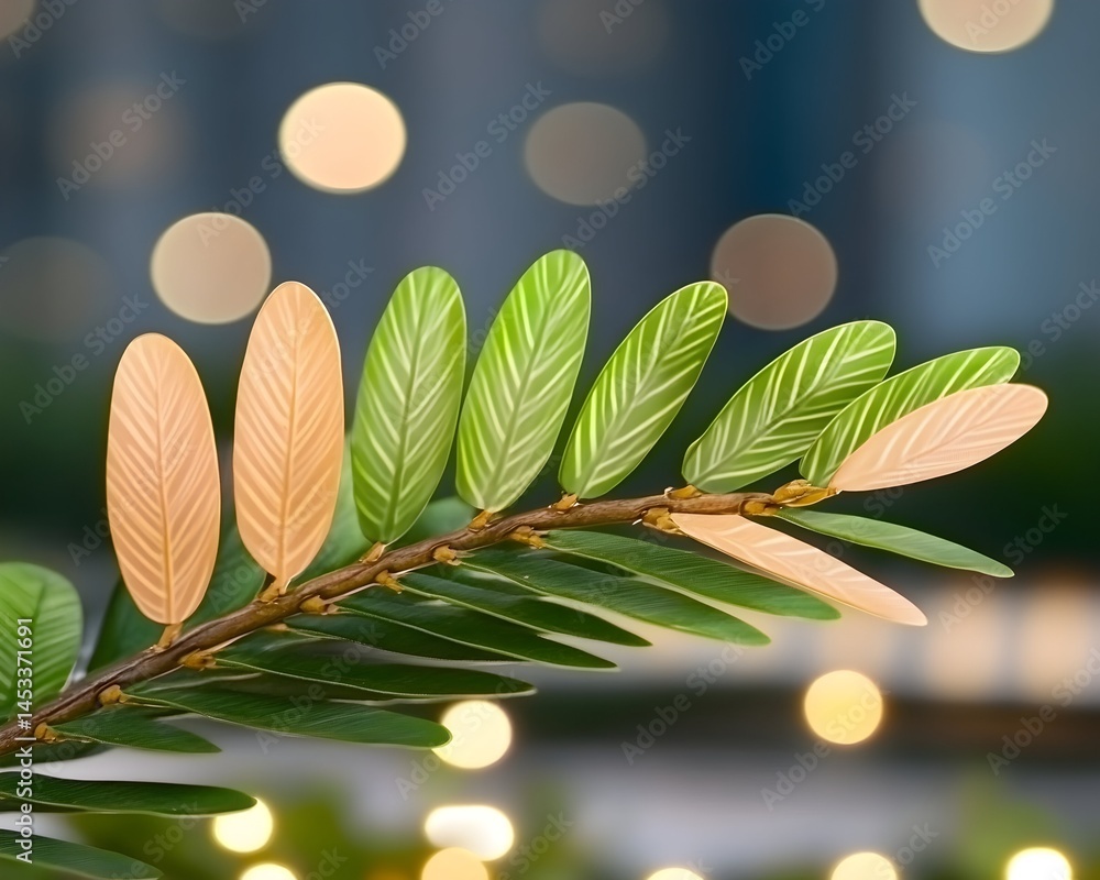 Poster branch with variegated leaves, transitioning from peach to green, bokeh background