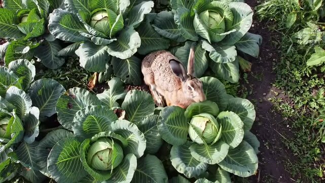 A rabbit foraging among lush green cabbage leaves in a vibrant garden setting - belgian hare
