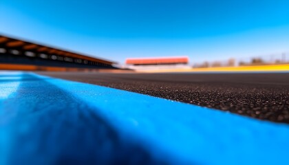 Close-up of a race tracks blue runoff area contrasting sharply with the dark asphalt  The background shows blurred gr