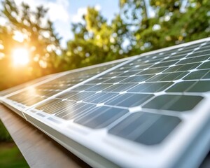 Close-up of solar panels on a roof bathed in sunlight against a blurred background of lush green trees