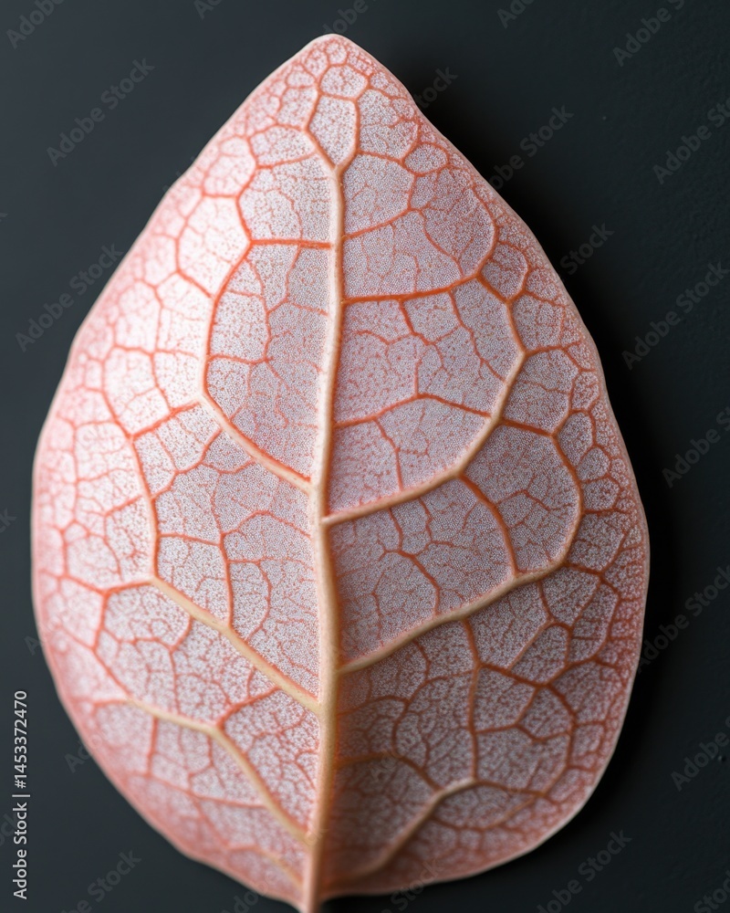 Poster close up of a single leaf with intricate vein patterns on a dark background in studio lighting