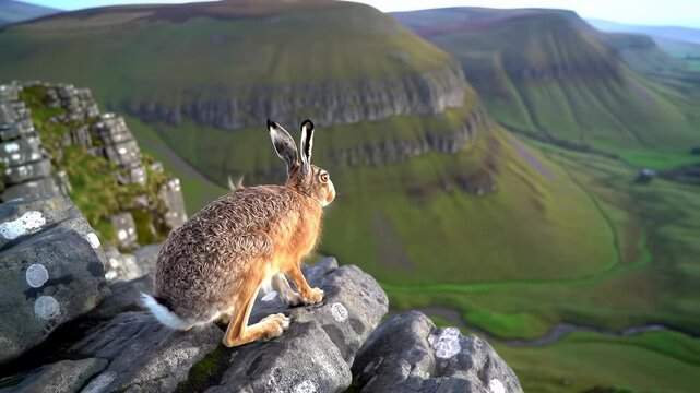A hare perched on a rocky outcrop overlooking a lush valley and distant hills in a serene landscape - belgian hare