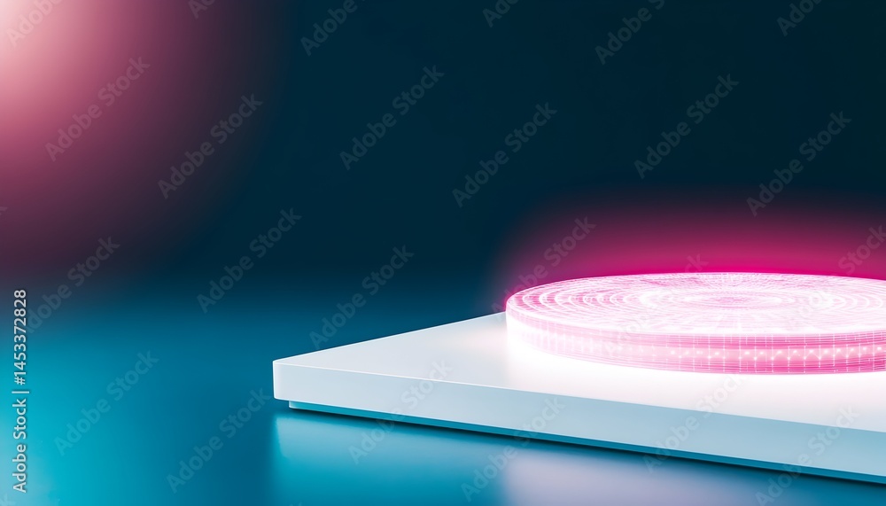 Poster glowing pink circular object on white platform against a dark teal background the platform is square