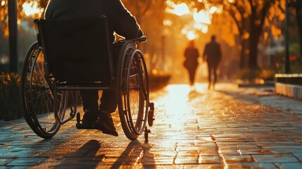 Person in wheelchair enjoying a park walk with warm sunlight and autum