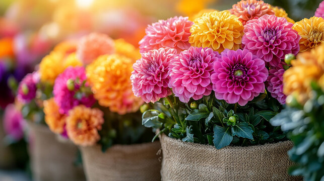Colorful dahlias in full bloom arranged in a neat row, bathed in warm sunlight. Pink, orange, and yellow blossoms in burlap pots symbolize joy, renewal, and the vibrance of summer life.

