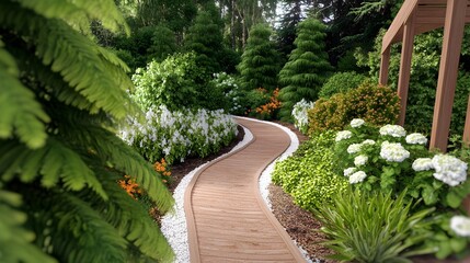 Serene garden path winding through lush greenery, white blossoms, and a wooden pergola