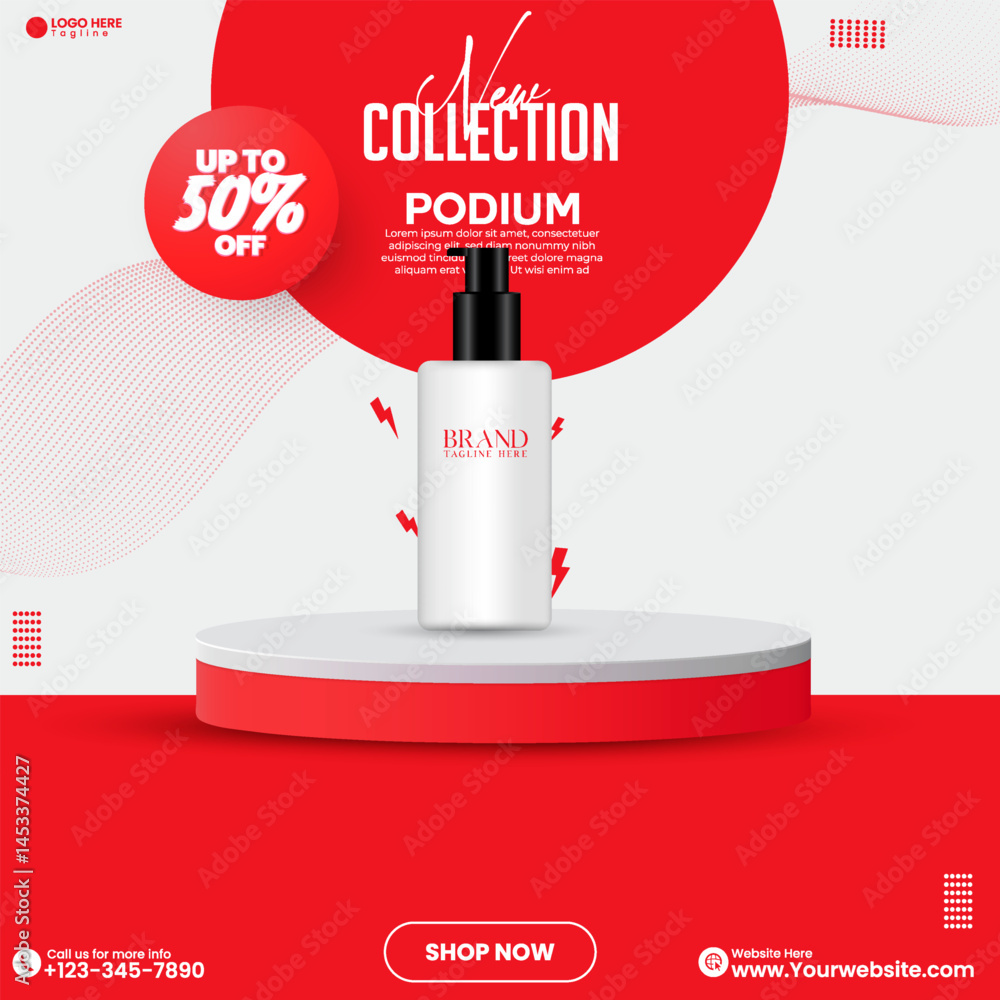 Aufkleber cosmetics product advertisement poster design. red color social media product sale empty abstract po