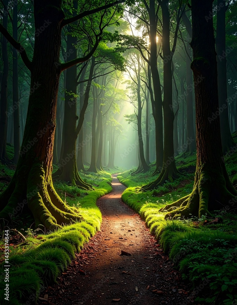 Poster moody forest path with mossy trees and soft light