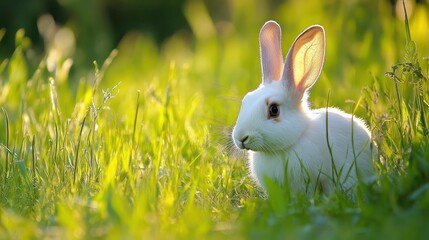 Fototapeta premium White rabbit sits in a green meadow bathed in warm sunlight.