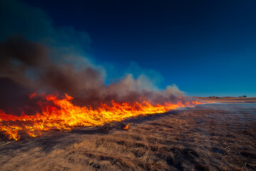 Fiery Prairie: Wildfire Burning Across a Dry Grassland Under a Vivid Blue Sky