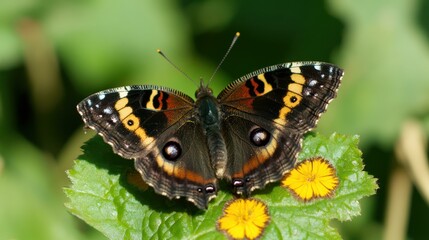 Fototapeta premium A detailed photo of a butterfly on a leaf with small yellow flowers.
