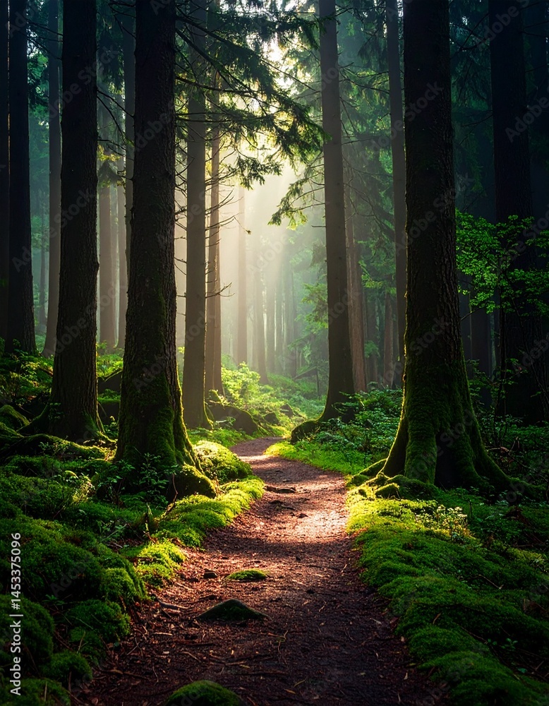 Poster moody forest path with mossy trees and soft light