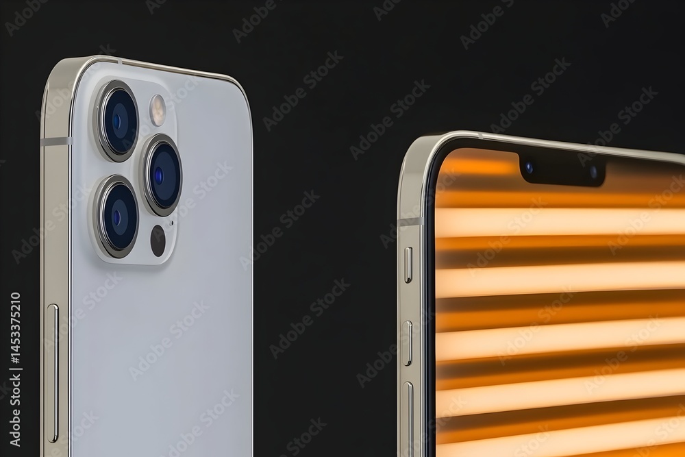 Aufkleber two smartphones one showing a rear view of its triple-lens camera system the other displaying a scre