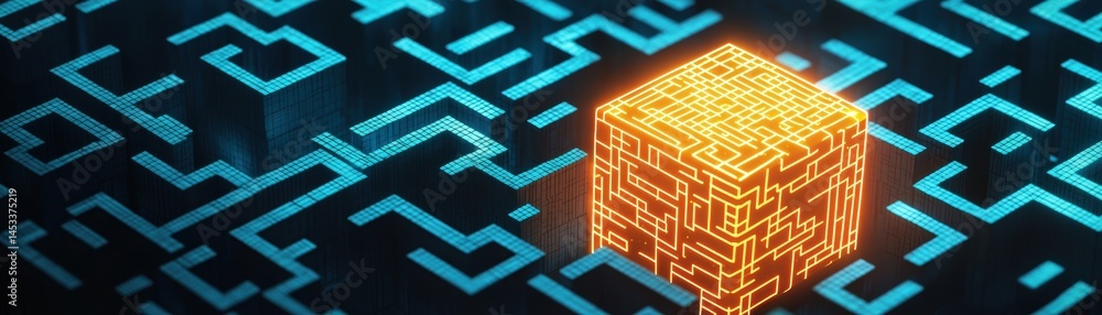 Poster a glowing maze-like cube is positioned on a digital grid, symbolizing complexity and technology in a