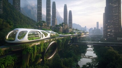 Naklejka premium Futuristic eco cityscape with elevated transportation system