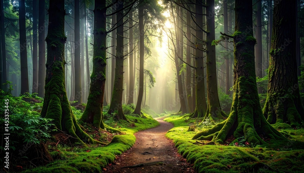 Poster moody forest path with mossy trees and soft light