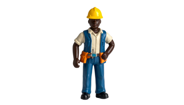 a construction worker standing confidently. He is wearing a yellow hard hat and a tool belt