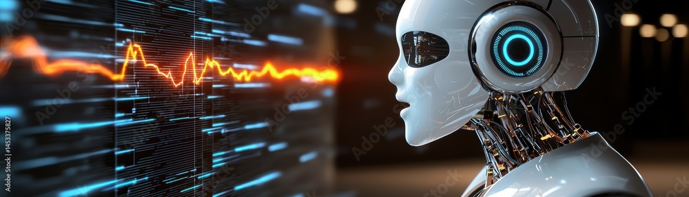 Poster a futuristic robot observes digital data, showcasing advanced technology and artificial intelligence