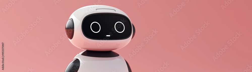 Poster a cute, minimalist robot figure with a rounded design and simplistic facial features against a soft 