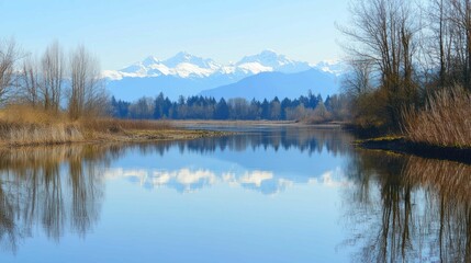 Obraz premium Tranquil landscape of a river reflecting snowy mountains and trees.