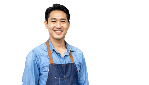 Smiling Asian man wearing a denim apron against a white background