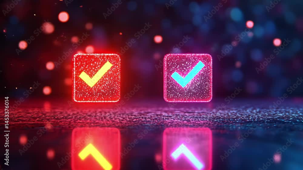 Poster Animating success and failure checkboxes illuminated against a colorful bokeh background, Animating success and failure checkboxes over starry background