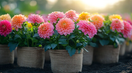 Colorful dahlias in full bloom arranged in a neat row, bathed in warm sunlight. Pink, orange, and yellow blossoms in burlap pots symbolize joy, renewal, and the vibrance of summer life.

