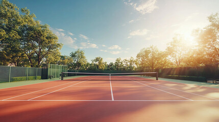 Empty Tennis Court in a Park During Golden Hour. A tennis court located in a scenic park setting under the golden light of sunset, surrounded by lush greenery.