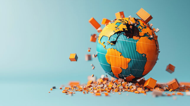 Cracked globe with shipping containers falling apart symbolizes global trade disruption