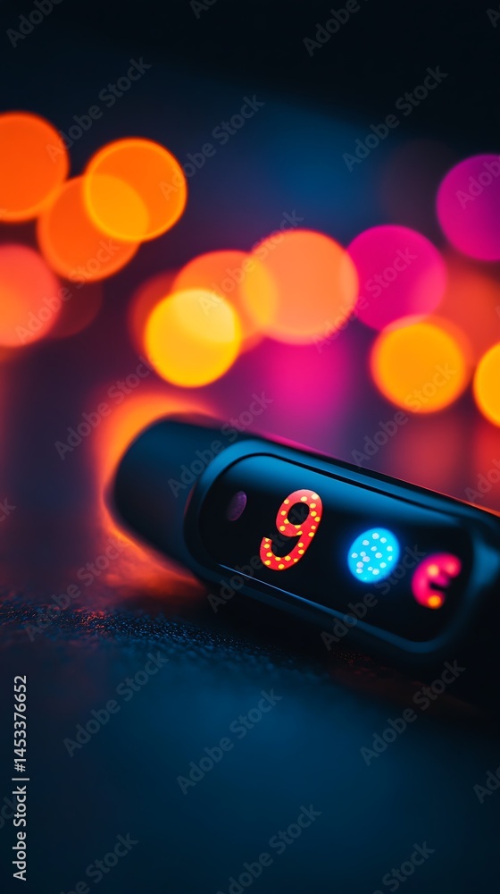 Poster modern fitness tracker displaying data with bokeh lights background detail focus