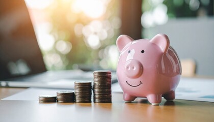 A piggy bank and money, representing savings and financial planning. This image portrays concepts of wealth and financial growth, suitable for various uses