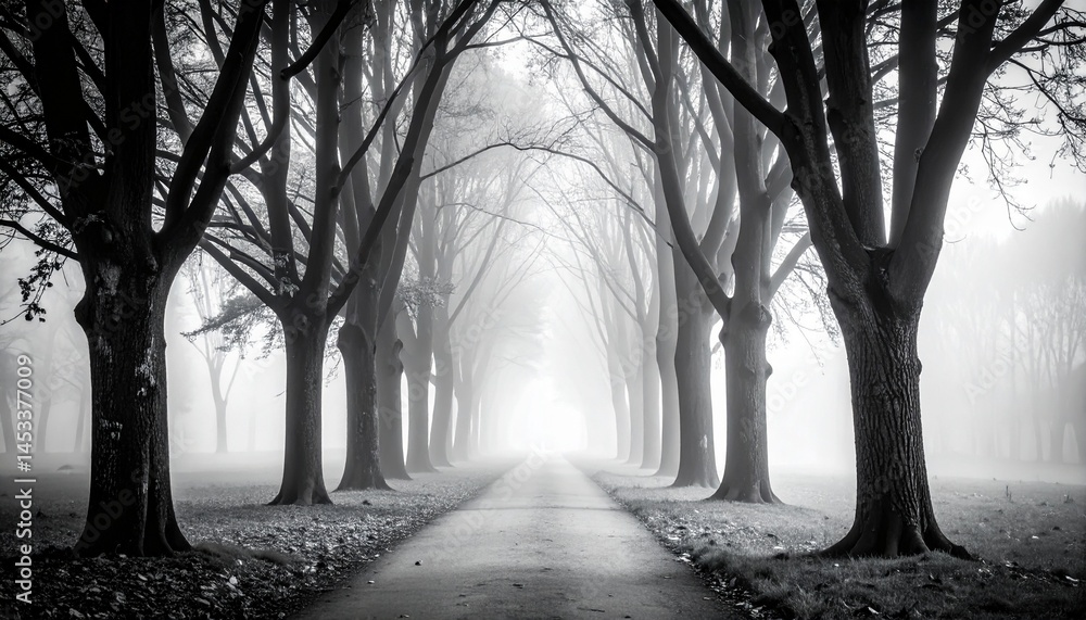 Poster monotone foggy path between trees