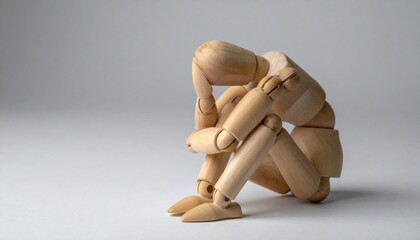 a wooden mannequin is hunched over in a posture of sadness and introspection. The doll is isolated on a plain background, emphasizing the emotion conveyed