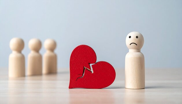 A wooden person with a broken heart and three other people representing different emotions. The scene evokes feelings of sadness and isolation. - Powered by Adobe