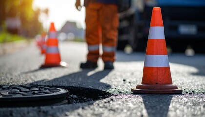 Road repair in progress, with traffic cones marking a pothole near a manhole cover