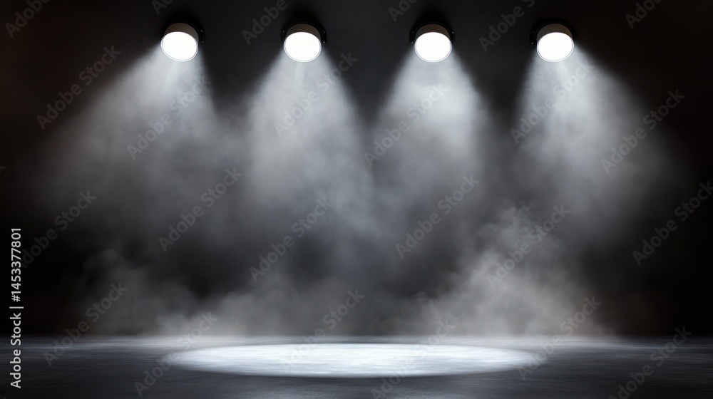 Poster mysterious stage illuminated by spotlights with hazy atmosphere effect