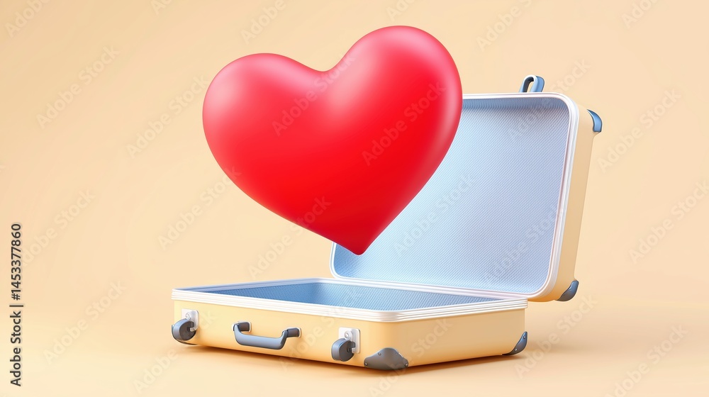 Poster 3D heart icon floating above open minimalist suitcase on beige background, clean lines and soft pastel tones in simple 2D illustration with professional studio lighting, sharp focus and high-resolutio