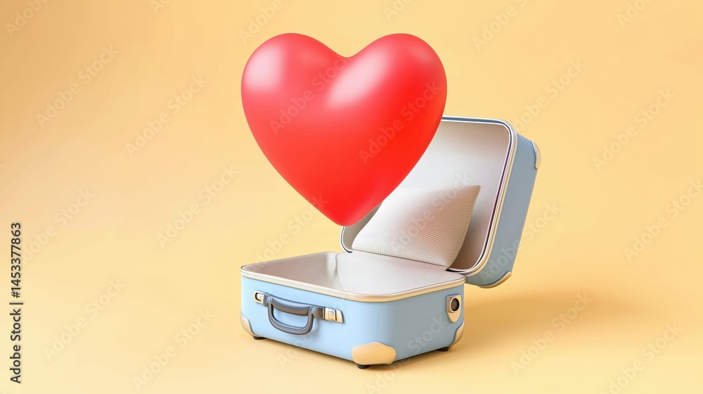 Poster 3D heart icon floating above open minimalist suitcase on beige background, clean lines and soft pastel tones in simple 2D illustration with professional studio lighting, sharp focus and high-resolutio