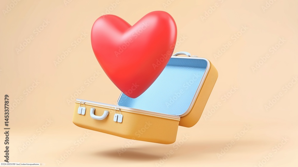 Poster 3D heart icon floating above open minimalist suitcase on beige background, clean lines and soft pastel tones in simple 2D illustration with professional studio lighting, sharp focus and high-resolutio