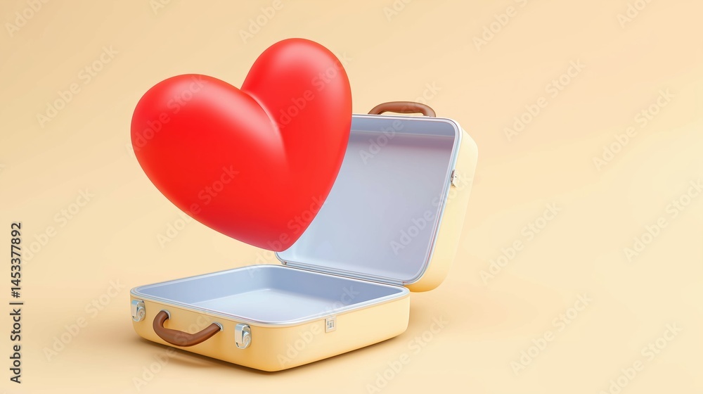 Poster 3D heart icon floating above open minimalist suitcase on beige background, clean lines and soft pastel tones in simple 2D illustration with professional studio lighting, sharp focus and high-resolutio